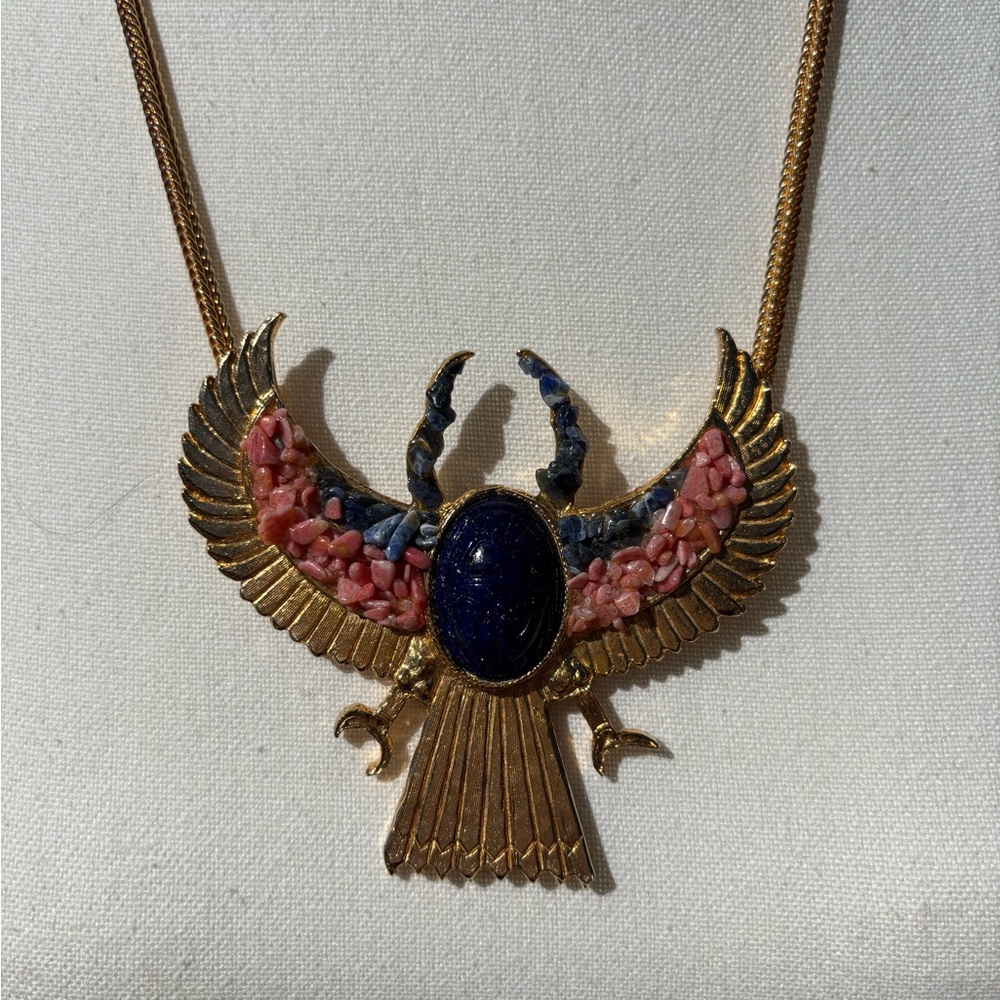 Stunning 3 inch high/widGold and Blue Scarab Statement Necklace Gemstone Chips.